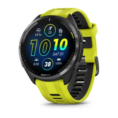 Garmin Forerunner 965 - | Carbon Grey DLC Titanium Bezel with Black Case and Amp Yellow/Black Silicone Band
