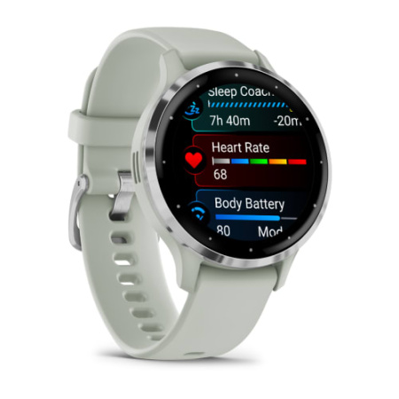 Garmin Venu 3s - 41 мм | Silver stainless steel bezel with sage grey case and silicone band